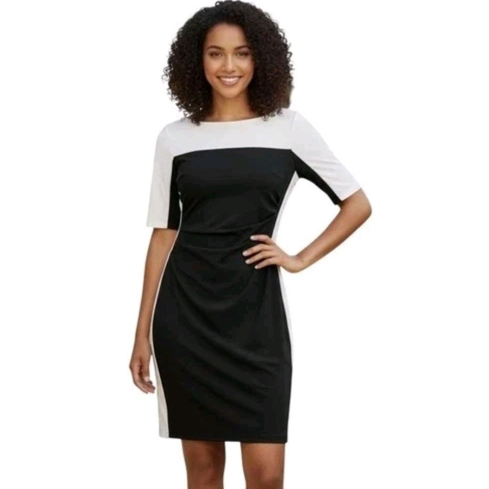 Ralph Lauren Colorblock Dress Large Black White Sheath 3/4 Sleeve